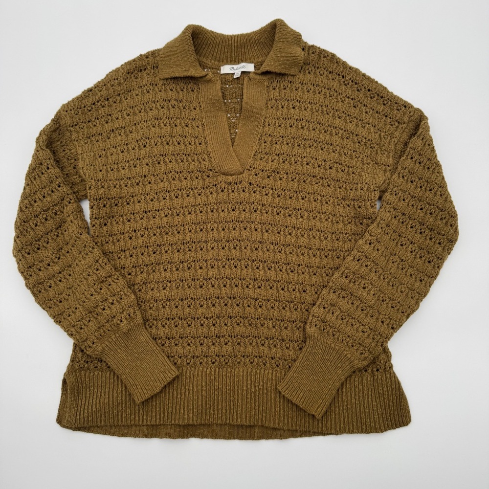 Madewell Pointelle Polo Sweater Olive Brown Cotton Knit V-Neck Long Sleeve XXS